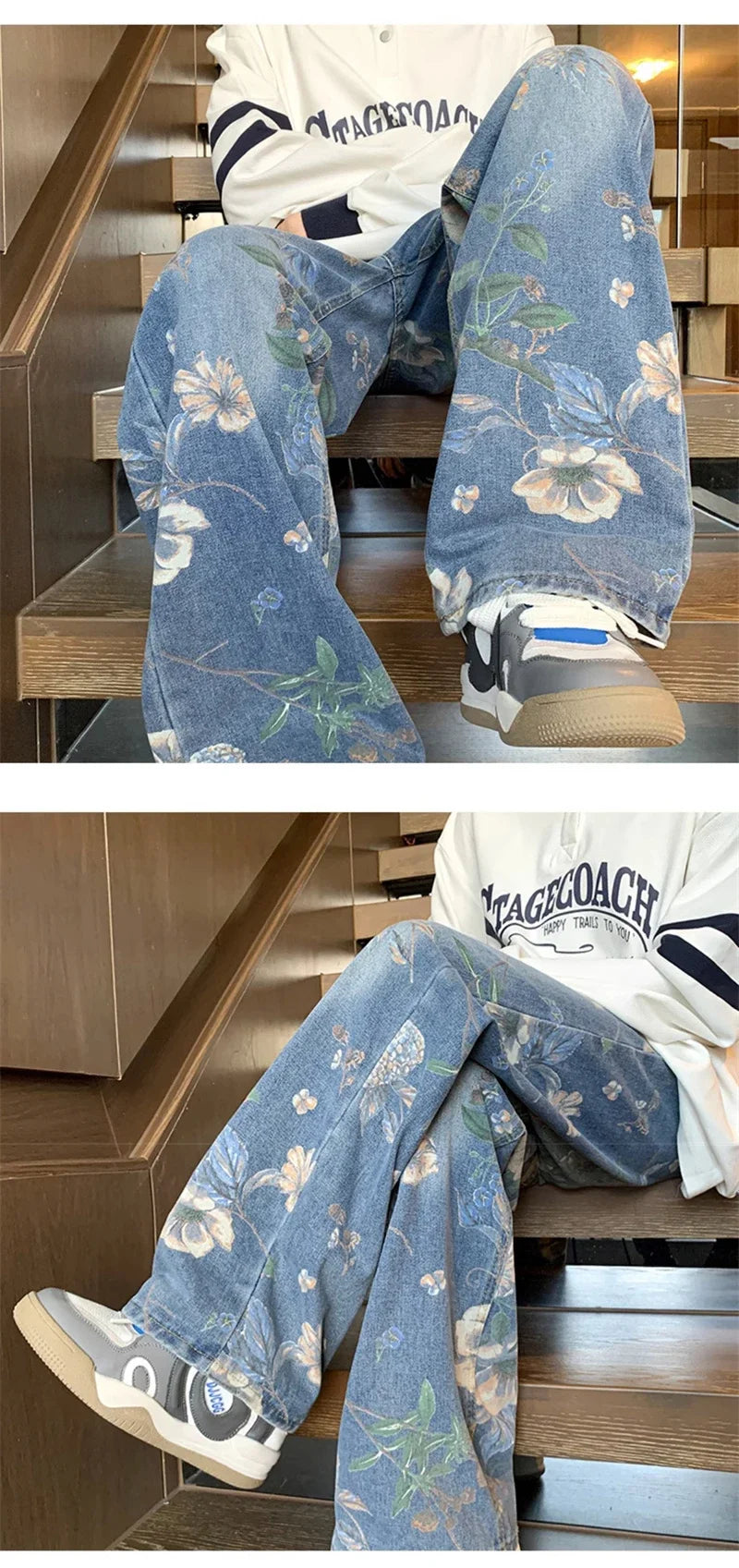 Autumn Floral Printed Jeans For Men 2024 New Y2K Vintage Denim Pants Hip Hop Fashion Wide-leg Baggy Jean Streetwear Trousers