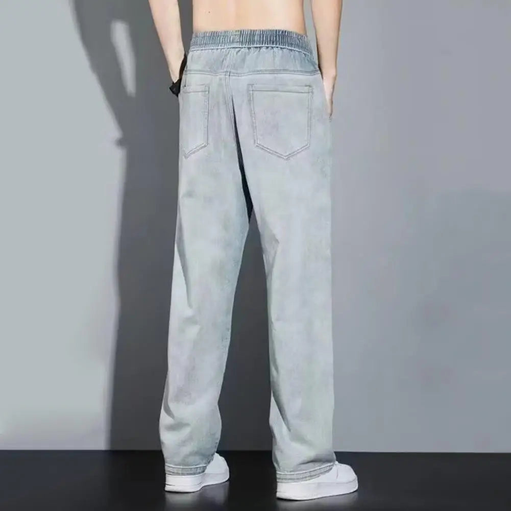 Non-deformed Men Gradient Color Jeans Versatile Men's Elastic Waist Denim Pants Adjustable Drawstring Solid Color for Casual