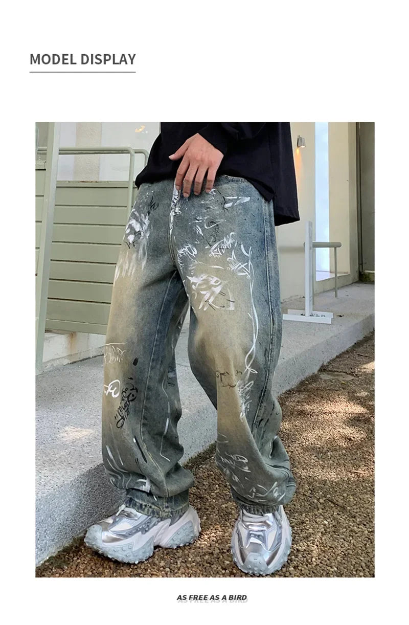 New Graffiti Printed Baggy Jeans For Men Y2K Vintage Distressed Blue Harajuku Denim Pants High Street Straight-leg Jean Trousers