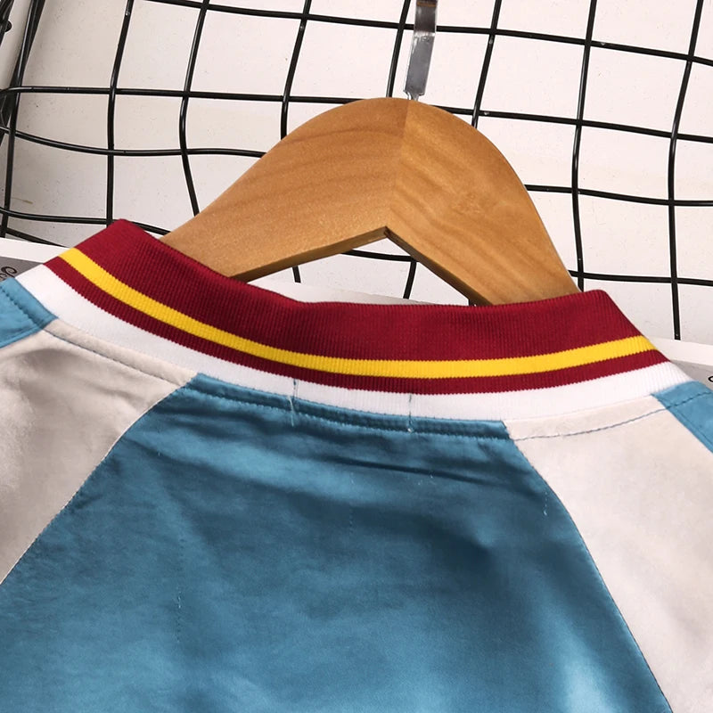 Girls' Spring And Fall Outerwear Wide Color Block V-Neck Jacket Red And Yellow 8-12 Years Old with White Patchwork Detail