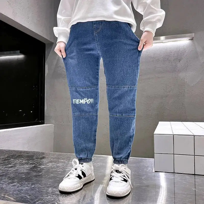 Pantalones vaqueros de primavera y otoño para niños de 4 a 6 años, de algodón con estampado y empalme elástico, pantalones vaqueros coreanos para adolescentes, ropa para niños nueva