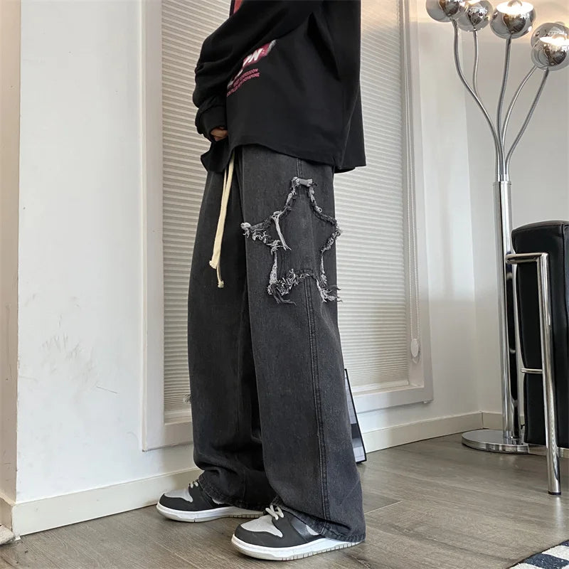 American Retro Star Embroidery Jeans Men's Baggy Hip Hop Fashion Denim Pants 2025 New Casual Y2K Streetwear Straight Trouser