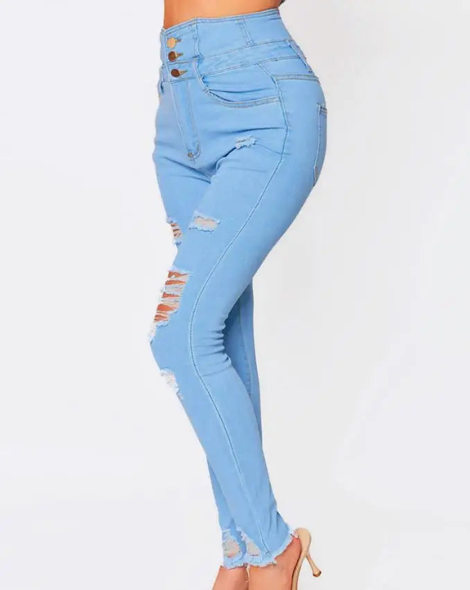 Women Fashion Stretch Ripped Distressed Skinny High Waist Denim Pants Trousers Slim Jeggings Ladies Spring Autumn Wear