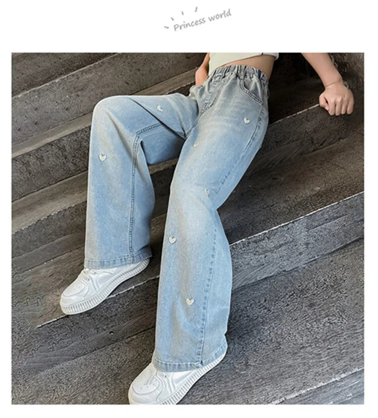 Ropa de verano para niñas, pantalones vaqueros con bandas elásticas y diseño de corazón para niñas, pantalones vaqueros Tencel finos y rectos con pierna ancha.