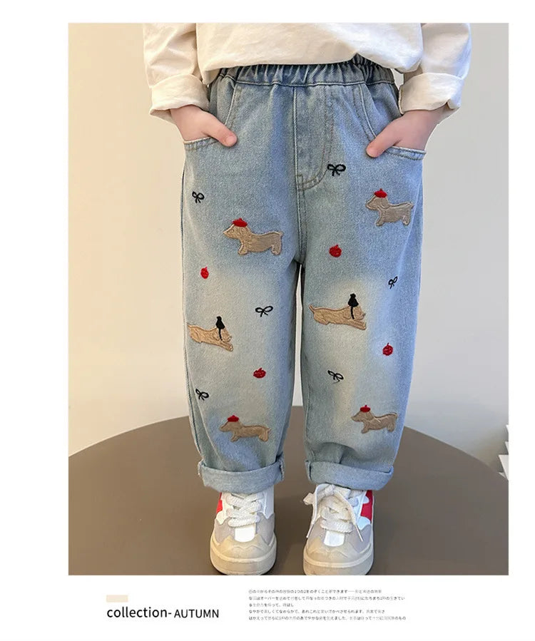 2025 New Girls Jeans Loose Straight Leg Pants for Toddler Baby Casual Wear Spring Autumn