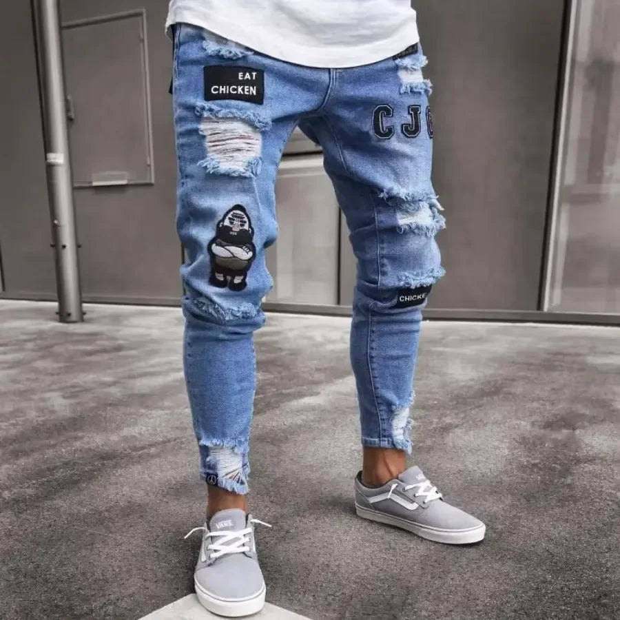 Punk Denim Pants Men Jeans Skinny Ripped Hole Patchwork Slim Pencil Denim Hip Pop Trousers Autumn Plus Size Streetwear Men's