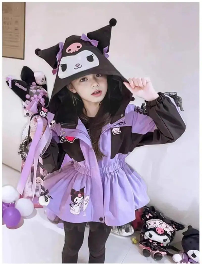 Kuromi Kawaii Kids Girls Jacket Autumn New Cartoon Cinnamoroll Fashion Outdoor Hooded Embroidery Jacket Retract Waist Jackets