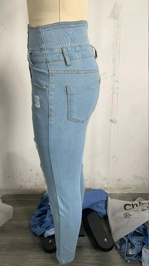 Women Fashion Stretch Ripped Distressed Skinny High Waist Denim Pants Trousers Slim Jeggings Ladies Spring Autumn Wear