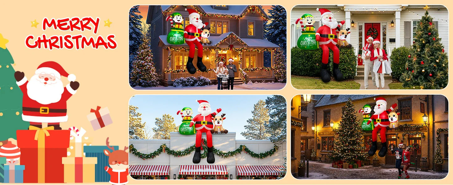 Decoraciones navideñas inflables para exteriores OurWarm de 2.4 metros (8 pies): Papá Noel sentado con elfos y renos, ideal para fiestas navideñas en el jardín o patio.