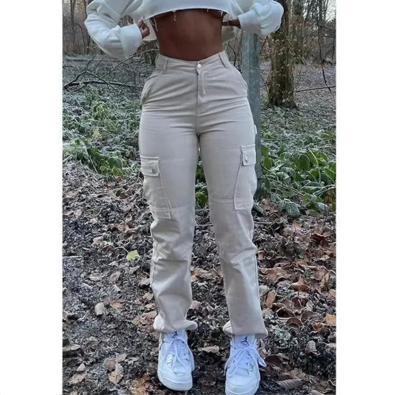 Pantalones vaqueros lisos de cintura alta y elásticos para mujer, novedad de otoño 2023, ropa de trabajo para mujer con bolsillo, pantalones vaqueros rectos, pantalones cargo.