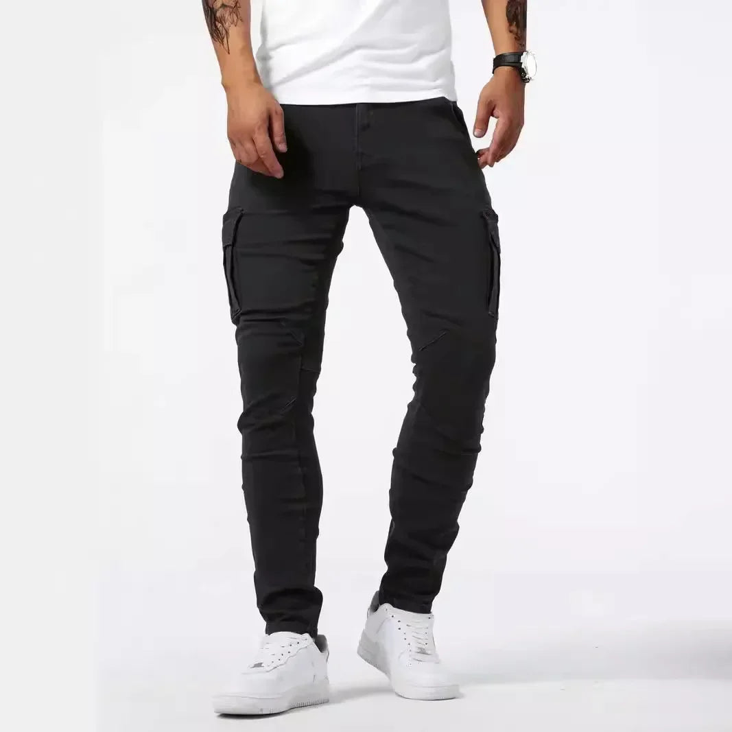 Nuevos pantalones vaqueros ajustados con bolsillos laterales para hombre, pantalones pitillo de mezclilla de cintura alta de color liso, pantalones de verano
