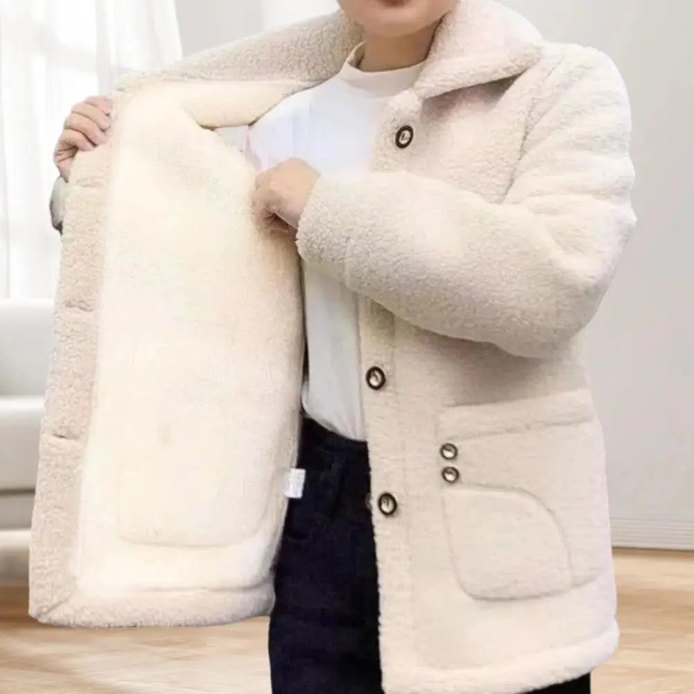 Winter Fleece Coat Thickened Single-breasted with Side Pockets Turn-down Collar Coldproof Solid Color Long Sleeves Outwear Jacke