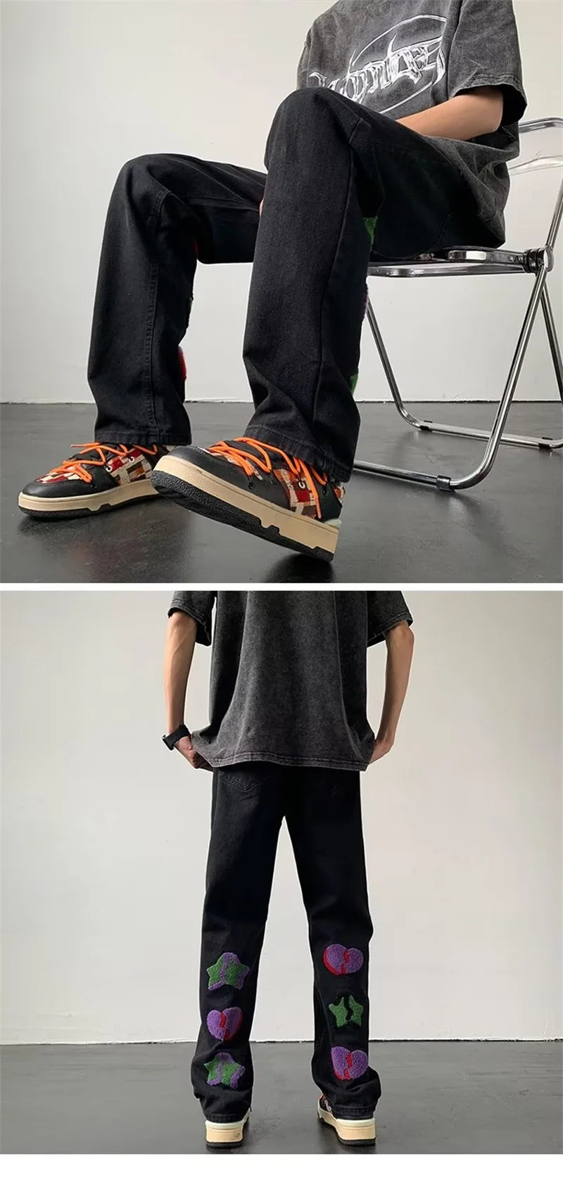 2025 New Goth Graffiti Embroidered Jeans Men High Street Harajuku Fashion Denim Trousers Hip Hop Y2K Vintage Jean pantalones
