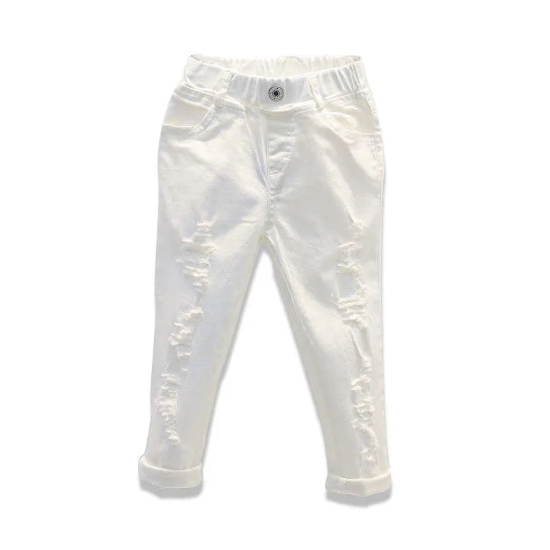 Pantalones vaqueros blancos de mezclilla para niñas y niños de otoño 2025, pantalones rotos para niños de 2, 3, 4, 5, 6 y 7 años