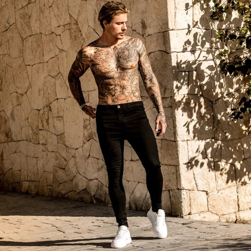2023 Men Elastic Skinny Jeans Solid Color Stretch Pencil Pants Streetwear Mens Blue Black Denim Jeans Jogging Cowboy Trousers