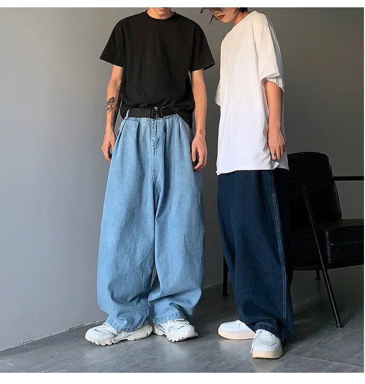 Men Wide Leg Pant Jeans Long Denim Pants Straight Trousers Elastic Waist Pocket Loose Casual Regular Solid Splice Autumn Winter