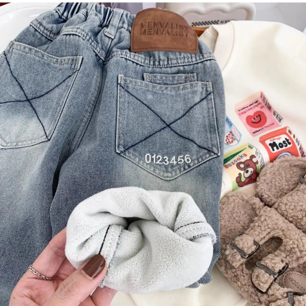 New Boys' All in One Fleece Jeans Autumn and Winter Children's Stylish Warm Pants Kids Handsome Elastic Trousers