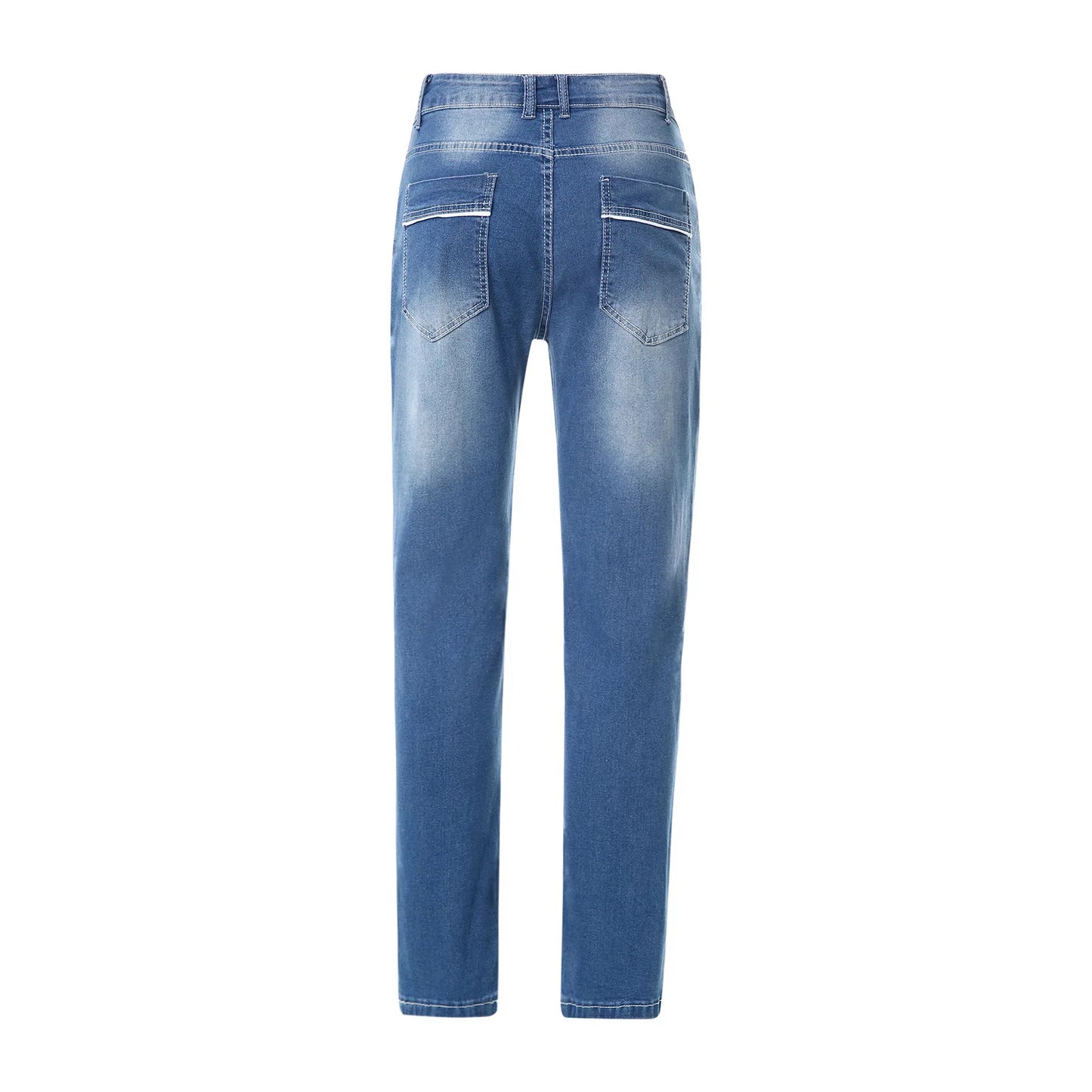 Vintage Men Jean Denim Pants Washed Pockets Mid Waist Zipper Fly Loose Fit Punk Style Distressed Ankle Length Straight Jeans