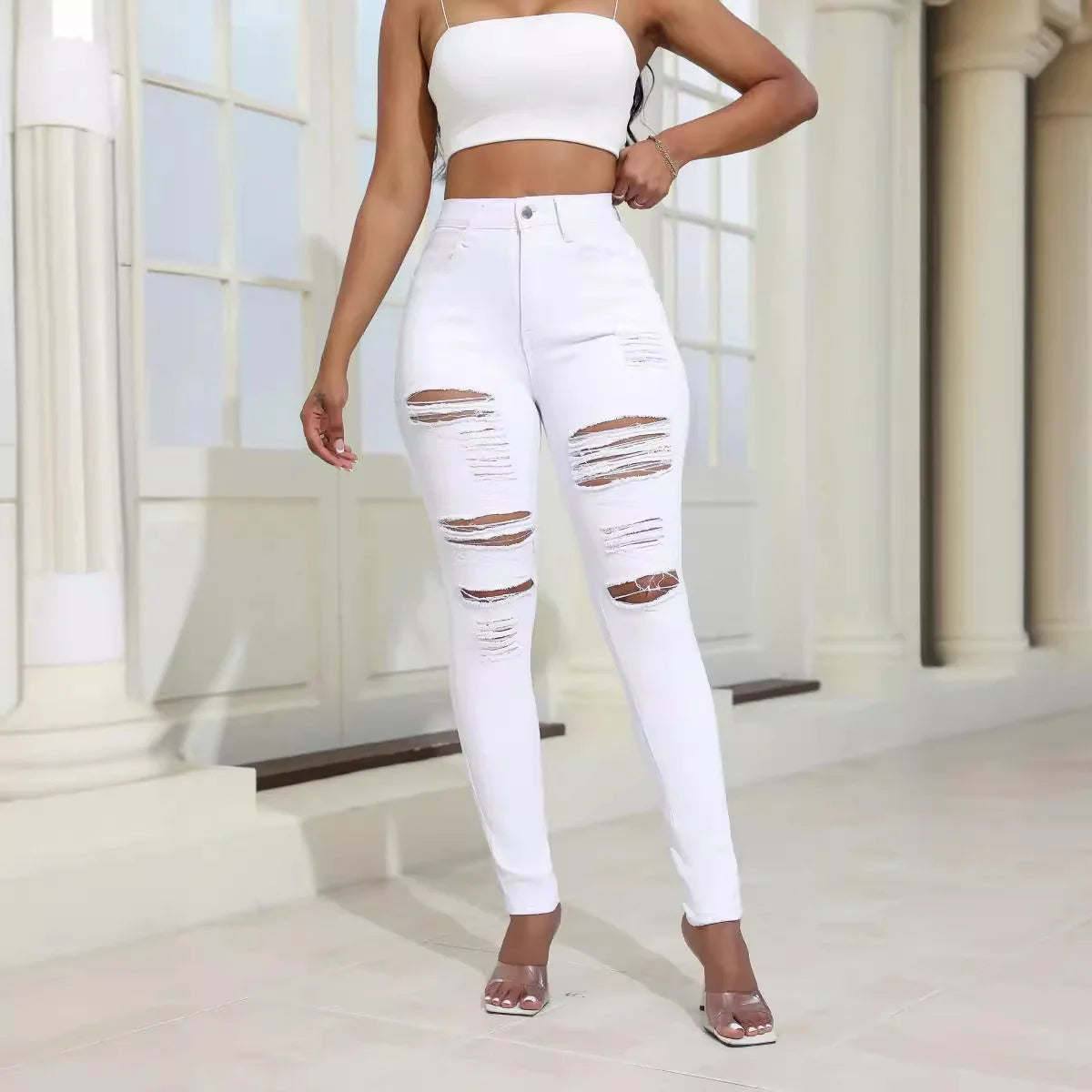 Pantalones vaqueros sexys de cintura alta con agujeros, elásticos, rotos, blancos y negros, para mujer. Vaqueros rotos para mujer.