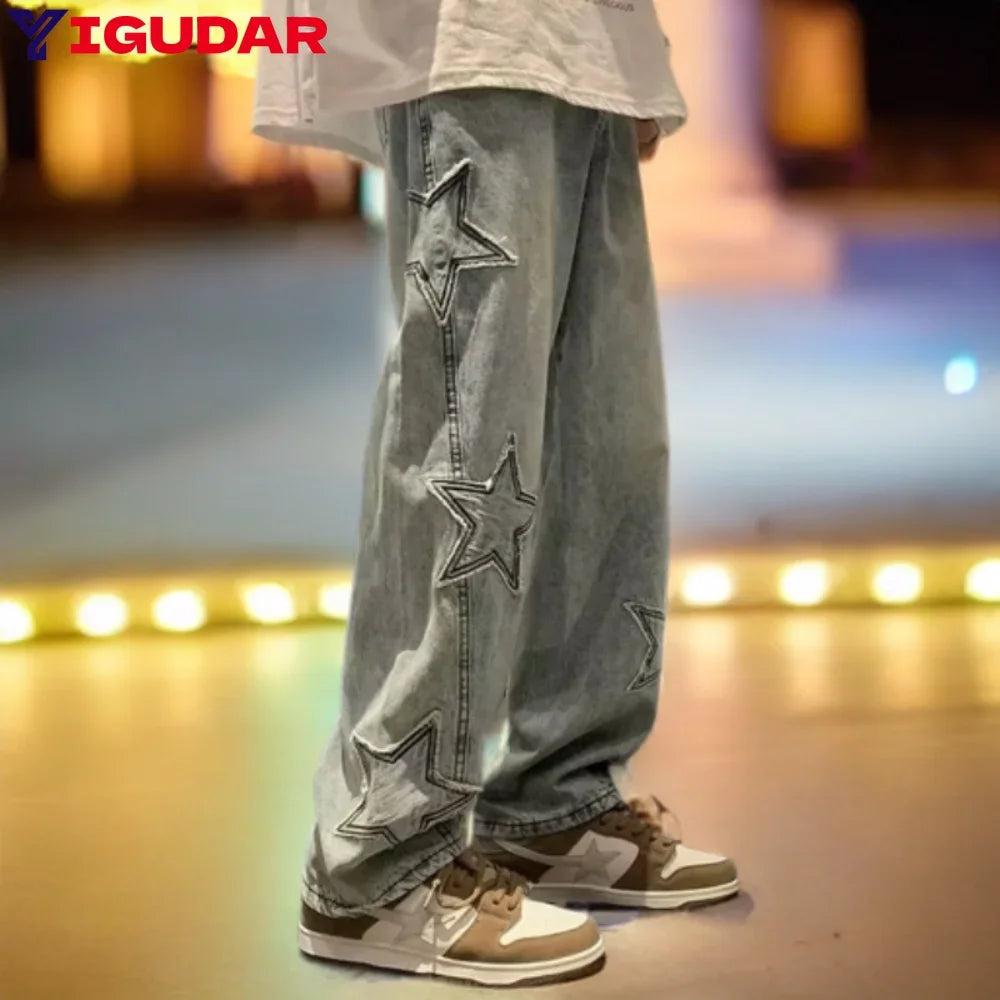 Pantalones vaqueros rectos informales con bordado de estrellas para hombre, estilo gótico, neutros, nuevos, holgados, de pierna ancha, estilo hip-hop, estilo urbano, pantalones vaqueros Y2K para hombre