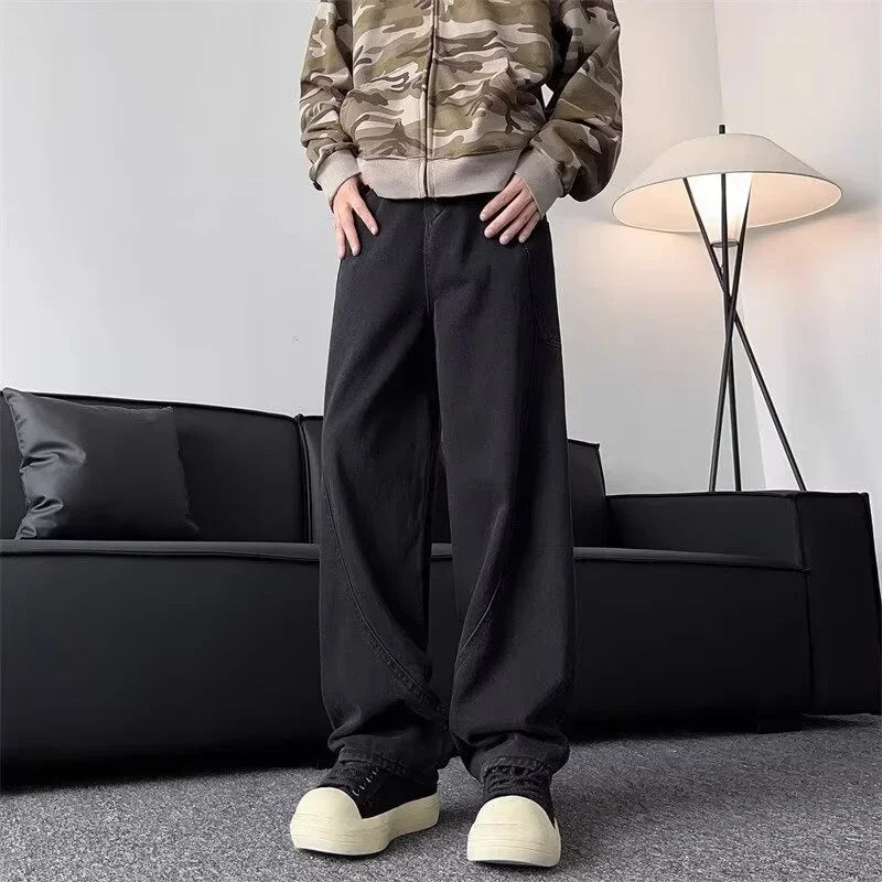 New Vintage Men‘s Patchwork Baggy Jeans Draped Straight-leg Denim Trousers Autumn Korean Fashion High Street Casual Y2K Jean