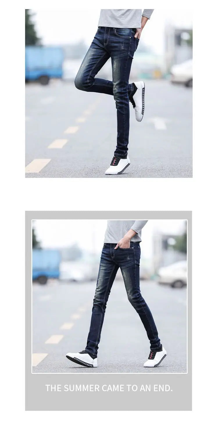 Pantalones vaqueros de diseño de primavera y otoño para hombre, estilo coreano, estilo boy friend, de algodón, elásticos, ajustados e informales.