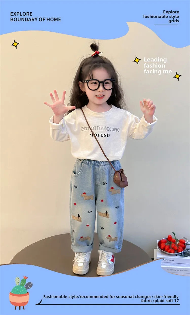 2025 New Girls Jeans Loose Straight Leg Pants for Toddler Baby Casual Wear Spring Autumn