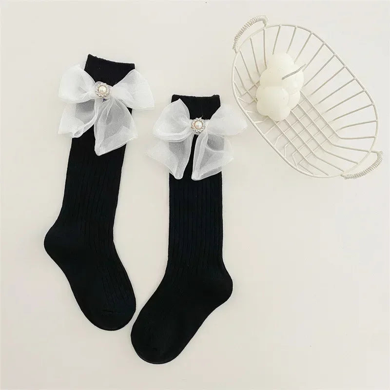 1 Pair Kids Girl Sock Rerto Lace Bow Princess Calf Sock for Children Girl Spring Summer Thin Stocking Knee High Baby Girl Sock