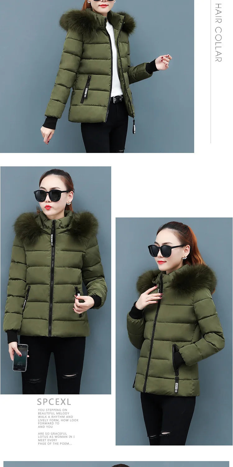 Solid Color Detachable Hooded Hair Collar Slim-fit Cotton-padded Jacket, Women's Winter New Warm Casual Stand Collar Padded Coat