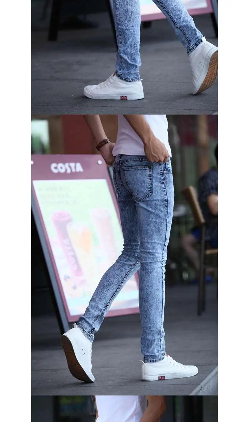 Pantalones vaqueros ajustados de estilo coreano para hombre, de lujo, para la nieve, para jóvenes, para primavera y otoño, informales, de algodón
