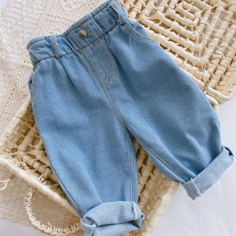 Pantalones vaqueros para niños, pantalones casuales para niños y niñas, cintura alta, sólidos, cálidos, pantalones para niños, otoño, primavera, 9 meses a 4 años