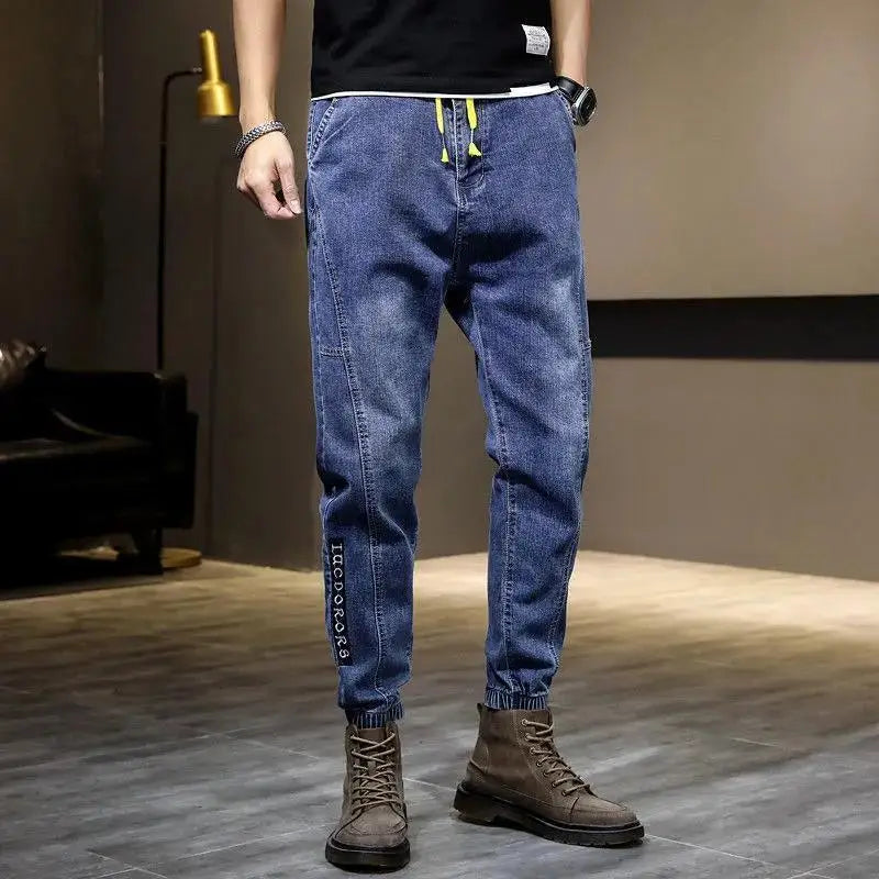 Spring Autumn 2022 New Denim Jeans Men's Elastic Waist Loose Students Teenagers Cowboy Streetwear Harem Leg Long Track Pants Men