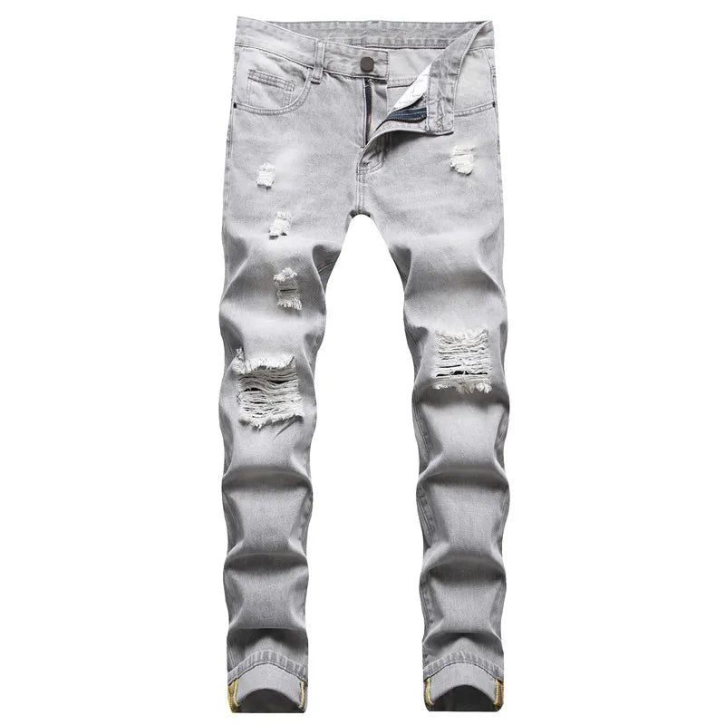 Pantalones vaqueros rectos de talla grande para hombre, color gris claro, para primavera y otoño, largos, rotos.
