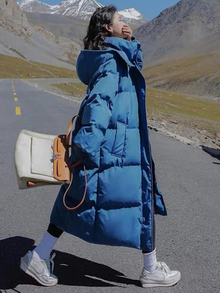 New Winter 2024 Women's Long Jacket Jacket Thickened Korean Loose Stylish Windproof Warm Hooded Down Cotton Jacket Coat