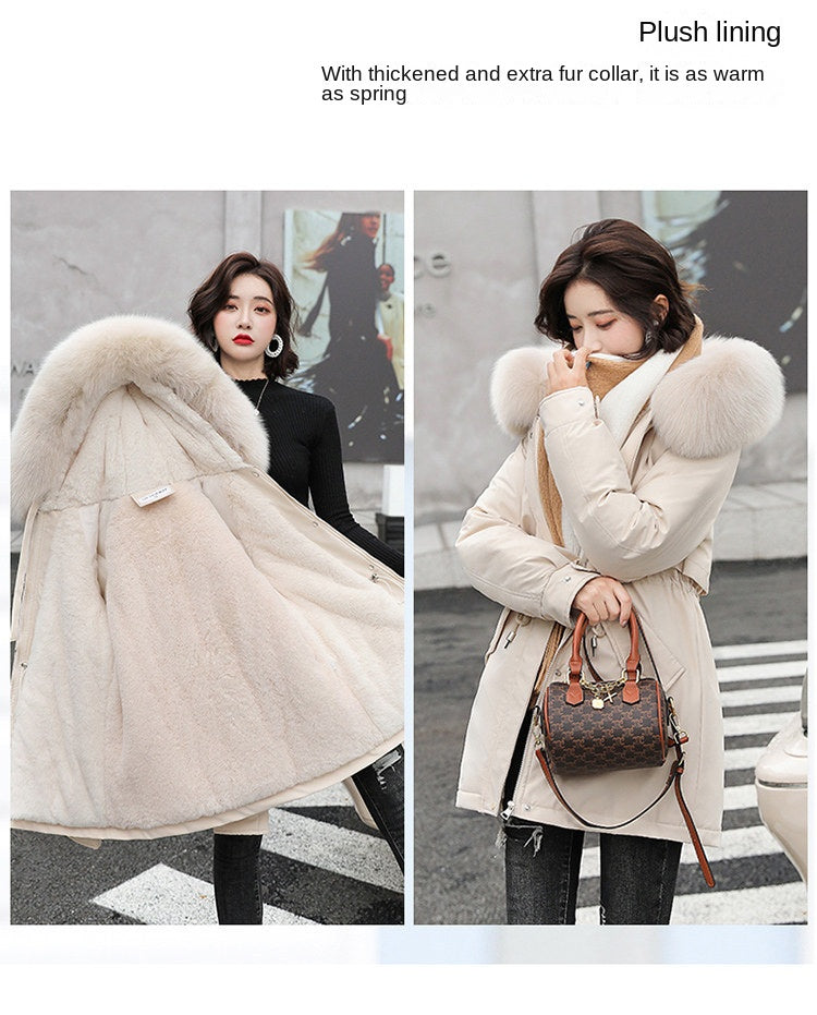 Women Parka Fashion 2023 Winter Jacket Slim with Fur Collar Warm Snow Wear Padded Clothes Long Coat Wool Liner Hooded Parkas