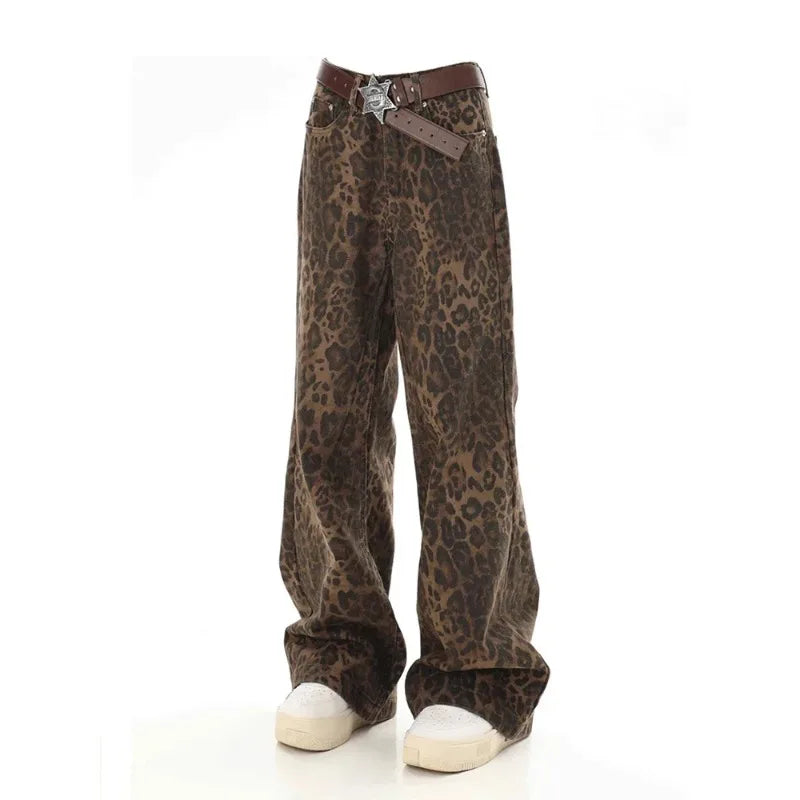 Baggy Leopard Jeans Coquette y2k clothes Women High Waisted Casual Wide Leg Denim Pants Fashion Streetwear Retro Straight Jeans