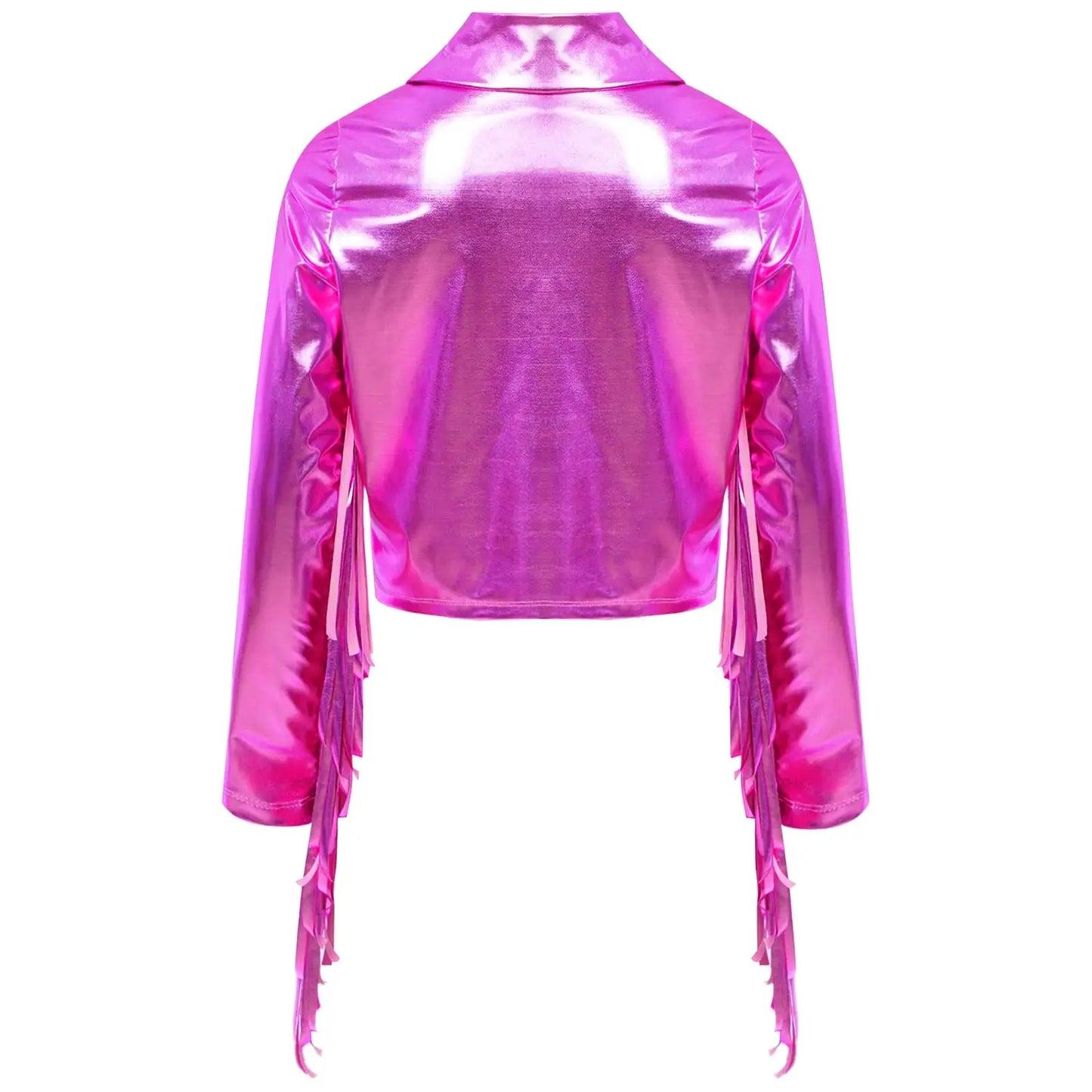 Kids Girls Tassels Metallic Jacket Top Fringe Shiny Turn-Down Collar Long Sleeve Zipper Jacket Coat for Hip Hop Street Dance