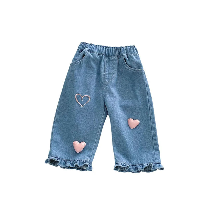 Jean style coréen pour filles, nouveau modèle printemps 2025, avec ourlet à volants et décoration cœur, pour filles de 0 à 5 ans, taille élastique, en denim