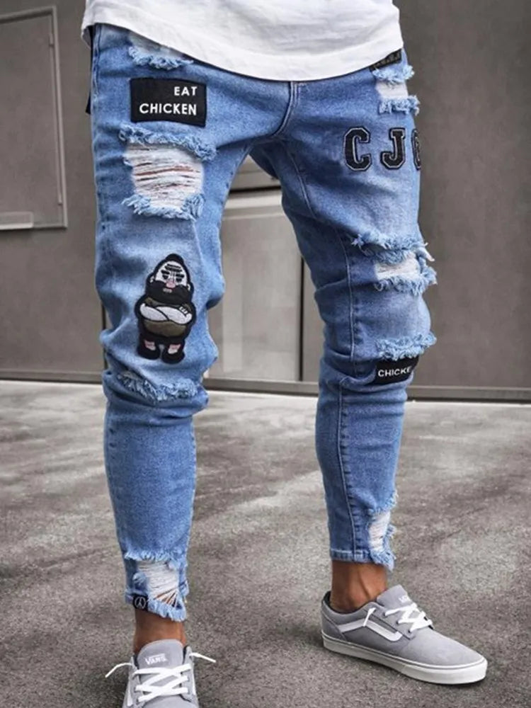 Men Jeans Fashion Street Hip-Hop Jeans Male Punk Style Denim Pants Summer Spring Men Stretchy Slim Fit High Quality Mans Jeans