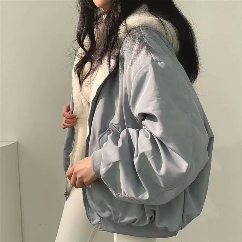 Women Parkas Coat Korean Thick Warm Coats Solid Zipper Hooded Loose Jacket Casual Full Sleeve Regular Splice Pockets Winter