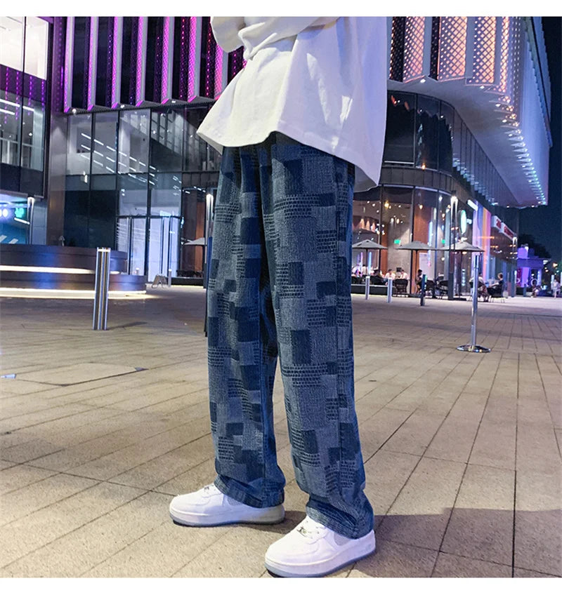 Autumn Blue Black Plaid Jeans For Men Y2K Vintage Wide-leg Jean High Street Loose Straight Denim Trousers Hip Hop Pantalones