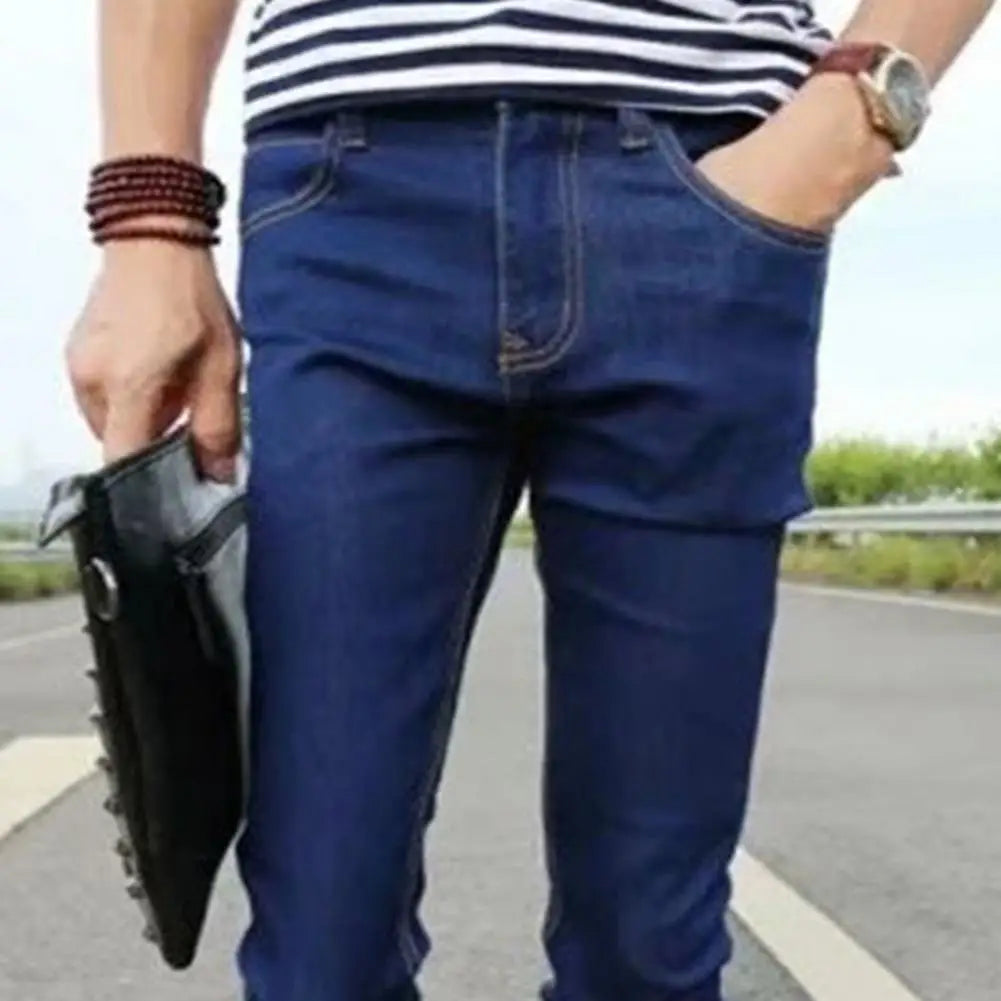 Men Jeans Stretch Skinny Denim Pants Solid Color Black Blue Autumn Summer Luxury Street Harajuku Hip-Hop Style Slim Fit Trousers