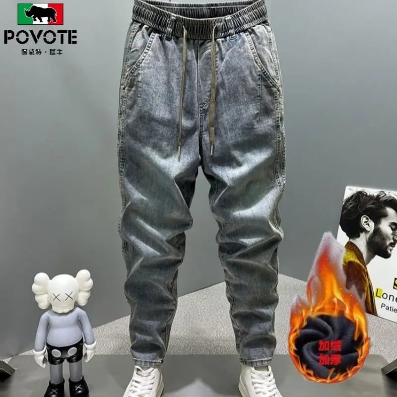 Pantalones vaqueros casuales vintage con cordón ajustable para hombre, de forro polar grueso y holgados, para otoño e invierno.