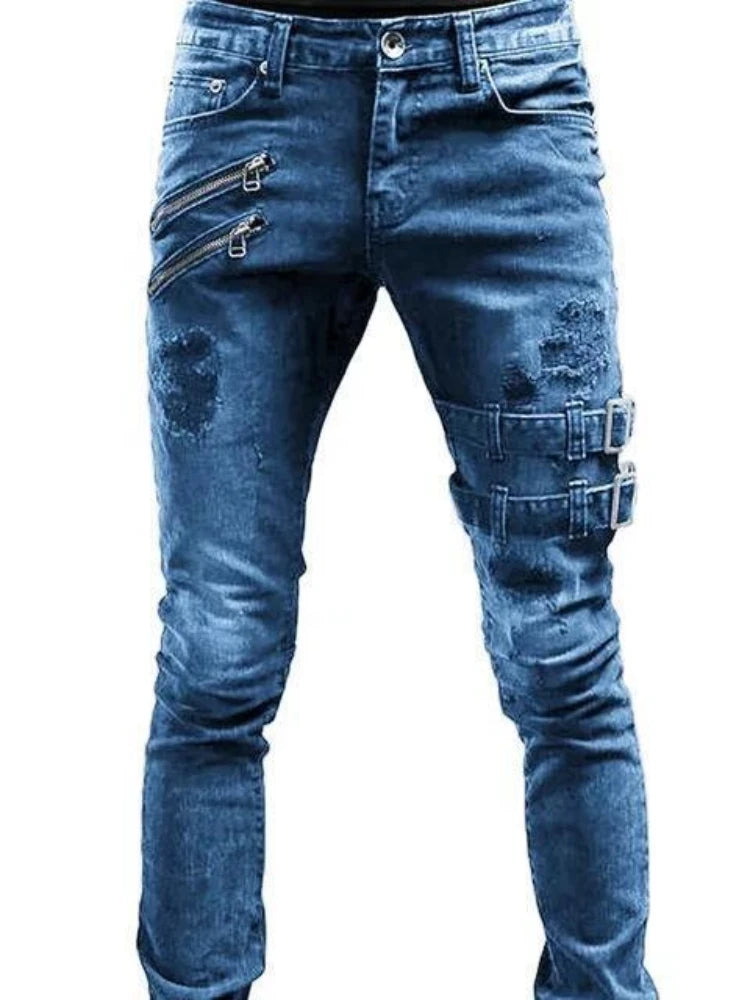 Pantalones vaqueros de tubo para hombre, de cintura media, estilo motociclista, lavados, con bolsillos, ajustados, ligeramente elásticos, hasta el tobillo, con cremallera, 2024
