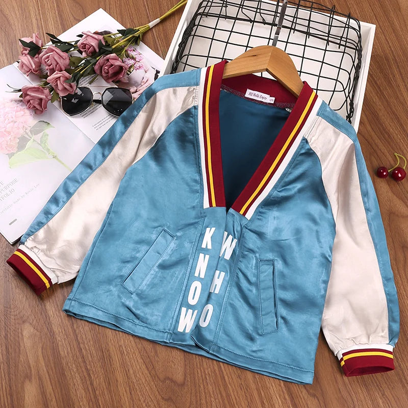Girls' Spring And Fall Outerwear Wide Color Block V-Neck Jacket Red And Yellow 8-12 Years Old with White Patchwork Detail