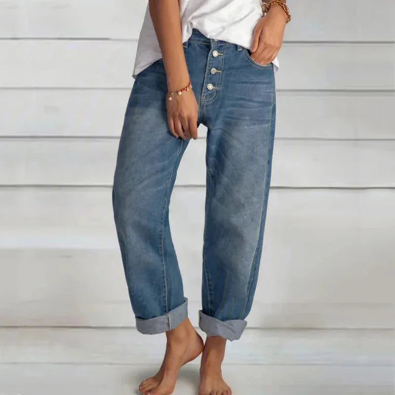 Jeans Straight Pants Women Denim Spliced Button Loose Pockets High Waist Wash Ankle Length 2024 Vintage Distressed Basics
