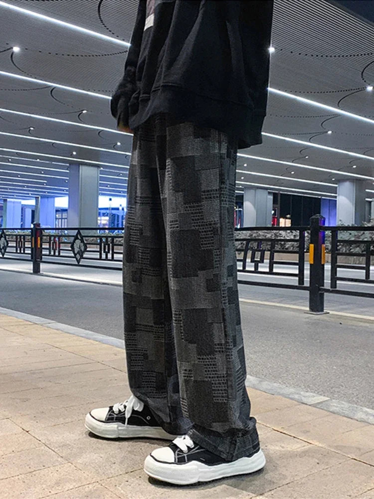 Autumn Blue Black Plaid Jeans For Men Y2K Vintage Wide-leg Jean High Street Loose Straight Denim Trousers Hip Hop Pantalones