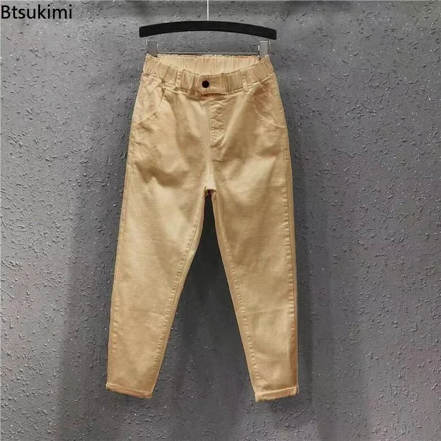 2025 Fashion Summer Women Harem Pants All-matched Casual Cotton Denim Pants Elastic Waist Solid Yellow White Jeans Female 3XL