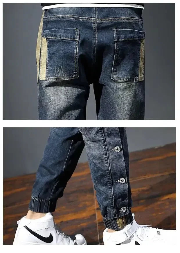 Pantalones vaqueros harén para hombre, pantalones vaqueros holgados con bolsillos a la moda, pantalones vaqueros de motociclista elásticos retro para hombre, ropa de calle relajada para hombre.