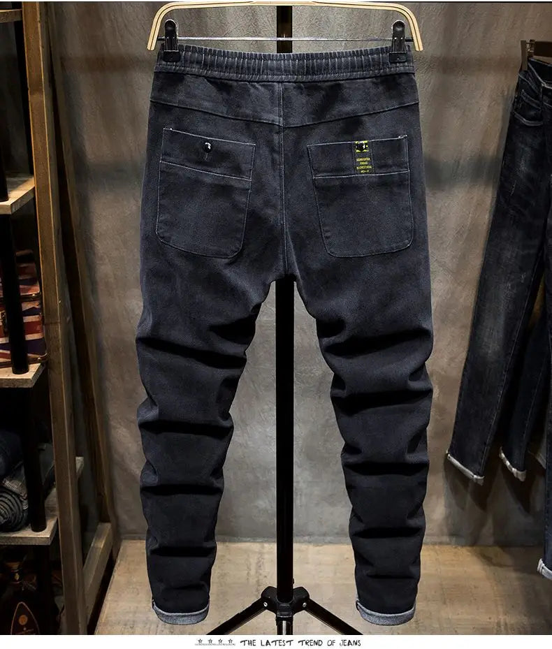 Spring Autumn 2022 New Drawstring Elastic Waist Denim Jeans Men's Slim Feet Pants Korean Fashion Casual Pants Harem Baggy Jeans